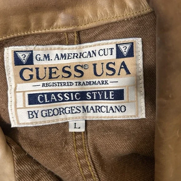 Vintage 90s Guess Workwear Jacket Mens L Brown Canvas Leather Collar Chore Coat - Picture 10 of 13
